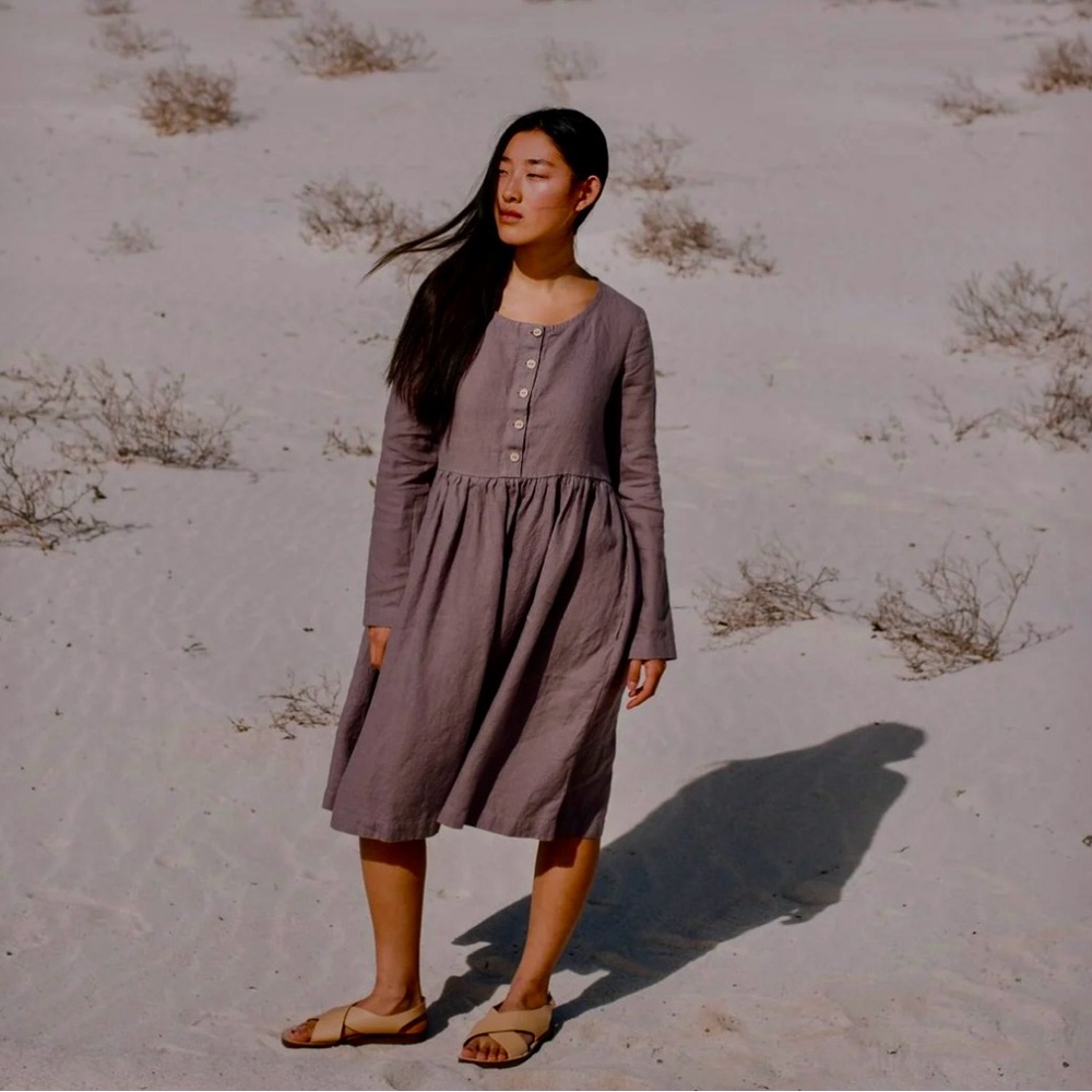 Not Perfect Linen MAMA midi long sleeve dress in cafe mocha/purple size XL